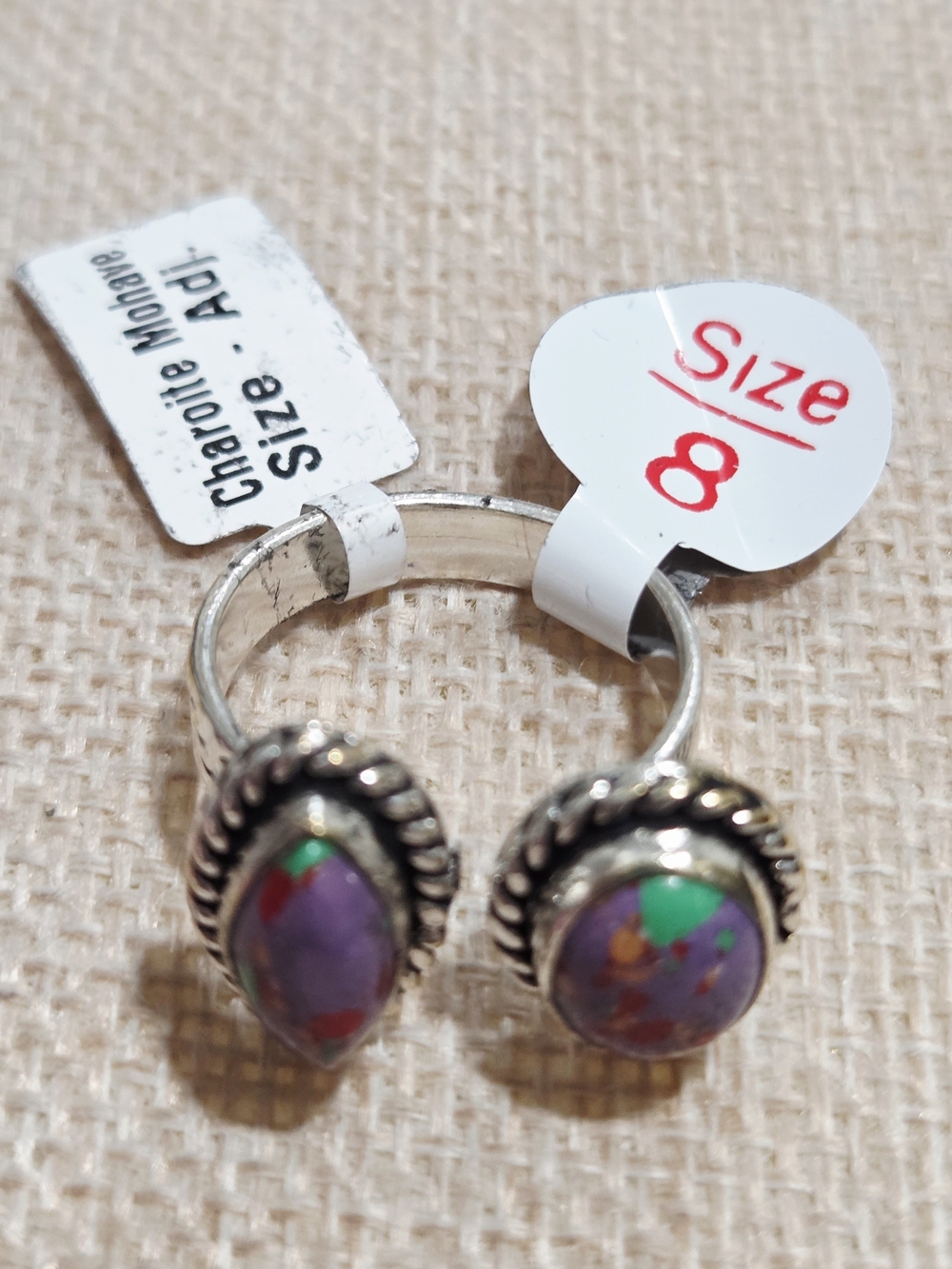 Sterling-Style Purple Charoite Turquoise Bypsss Inlay Ring Set - Picture 2 of 3